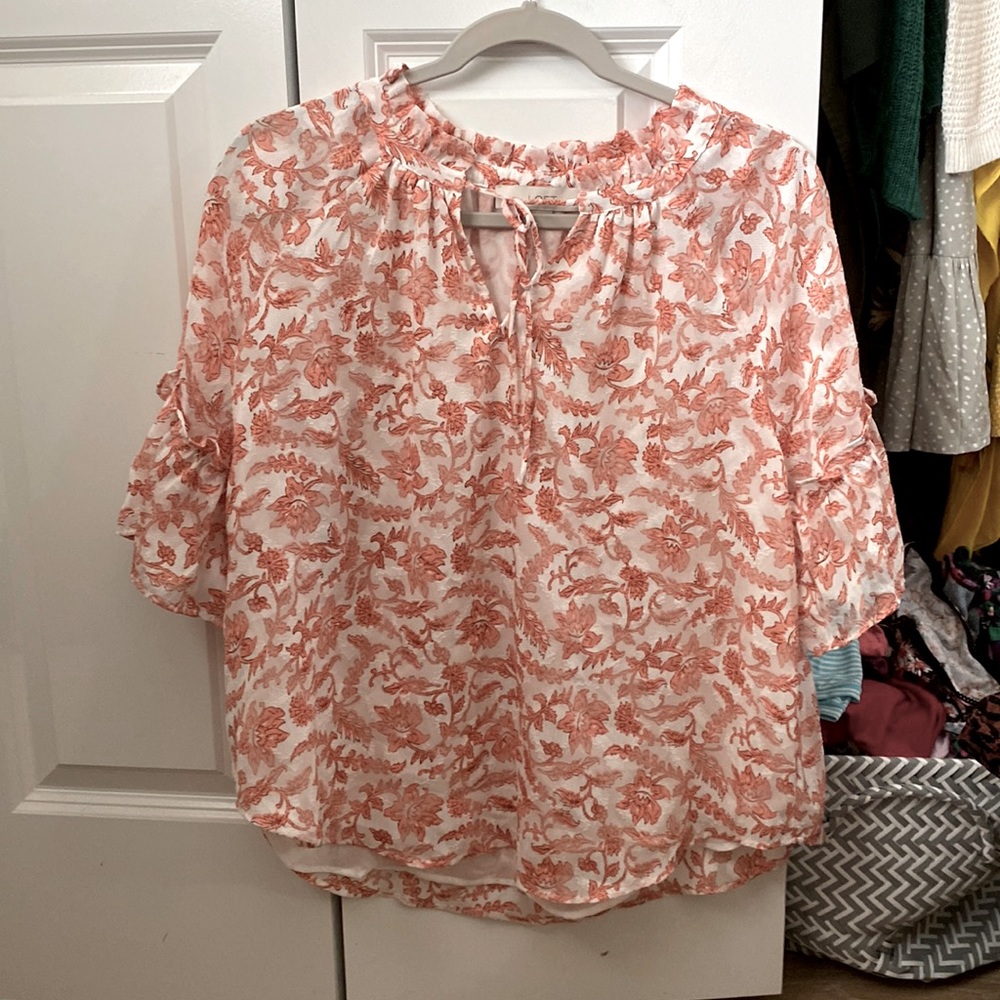 LOFT NWOT Coral/White Ruffled Blouse, Size LP.